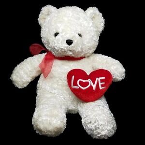 White Teddy Bear Plush Valentine Red "LOVE" Heart Curly Faux Fur Red Ribbon 15"H